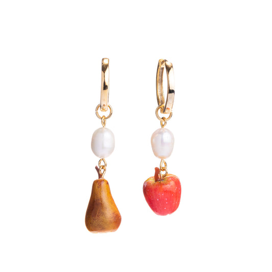 apple pear pearl handmade polymer clay hoop earrings