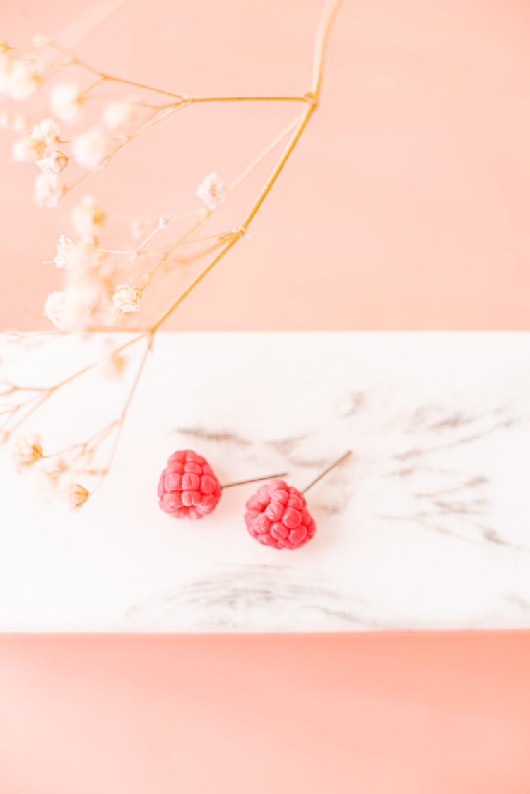delicate handmade raspberry stud earrings