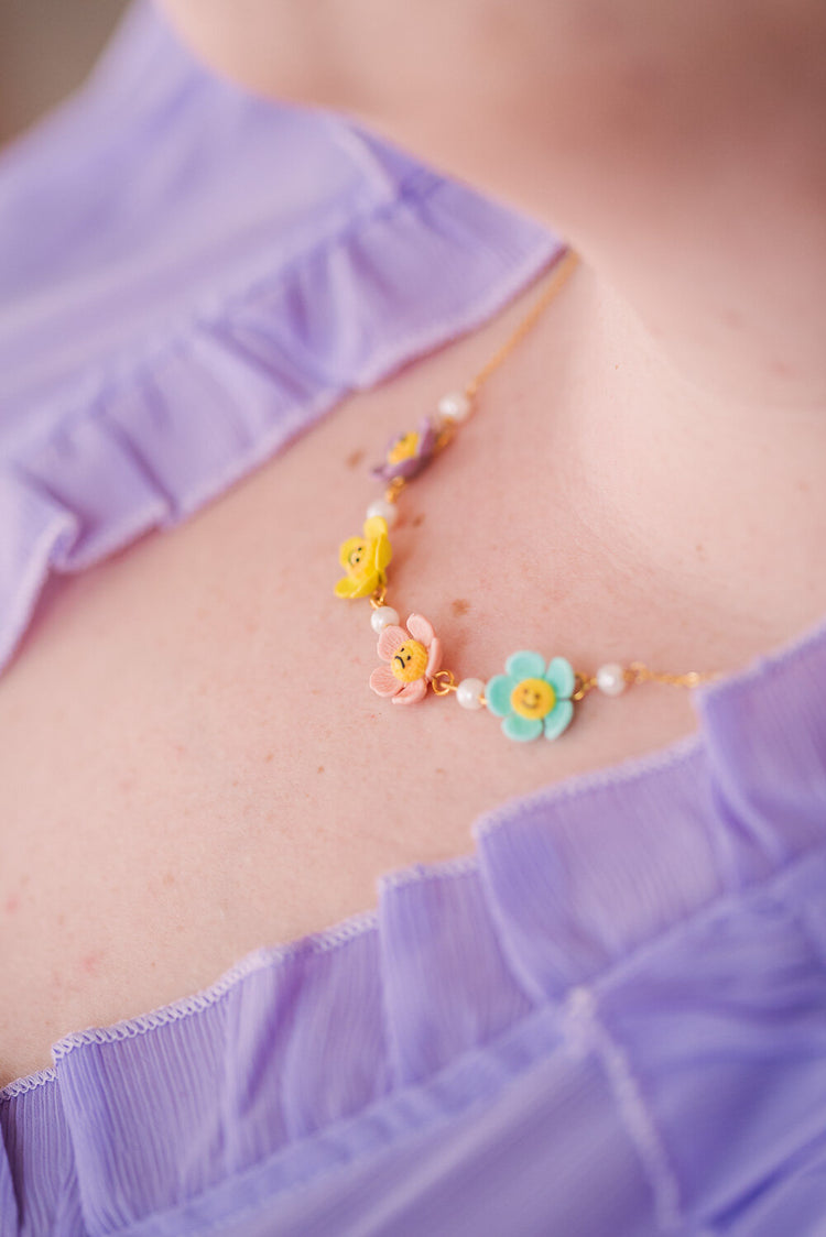 Smiley Flowers and Pearls Necklace