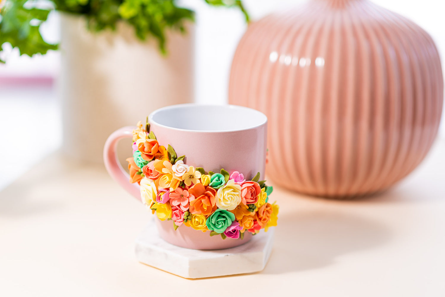 personalised handmade polymer clay flower mug
