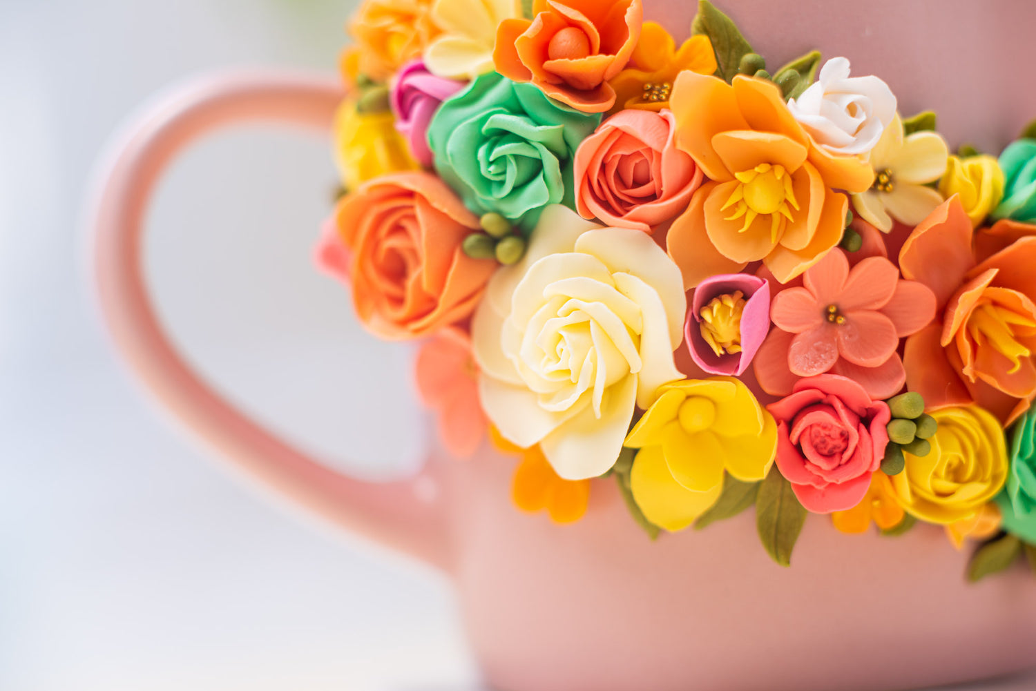 personalised handmade polymer clay flower mug