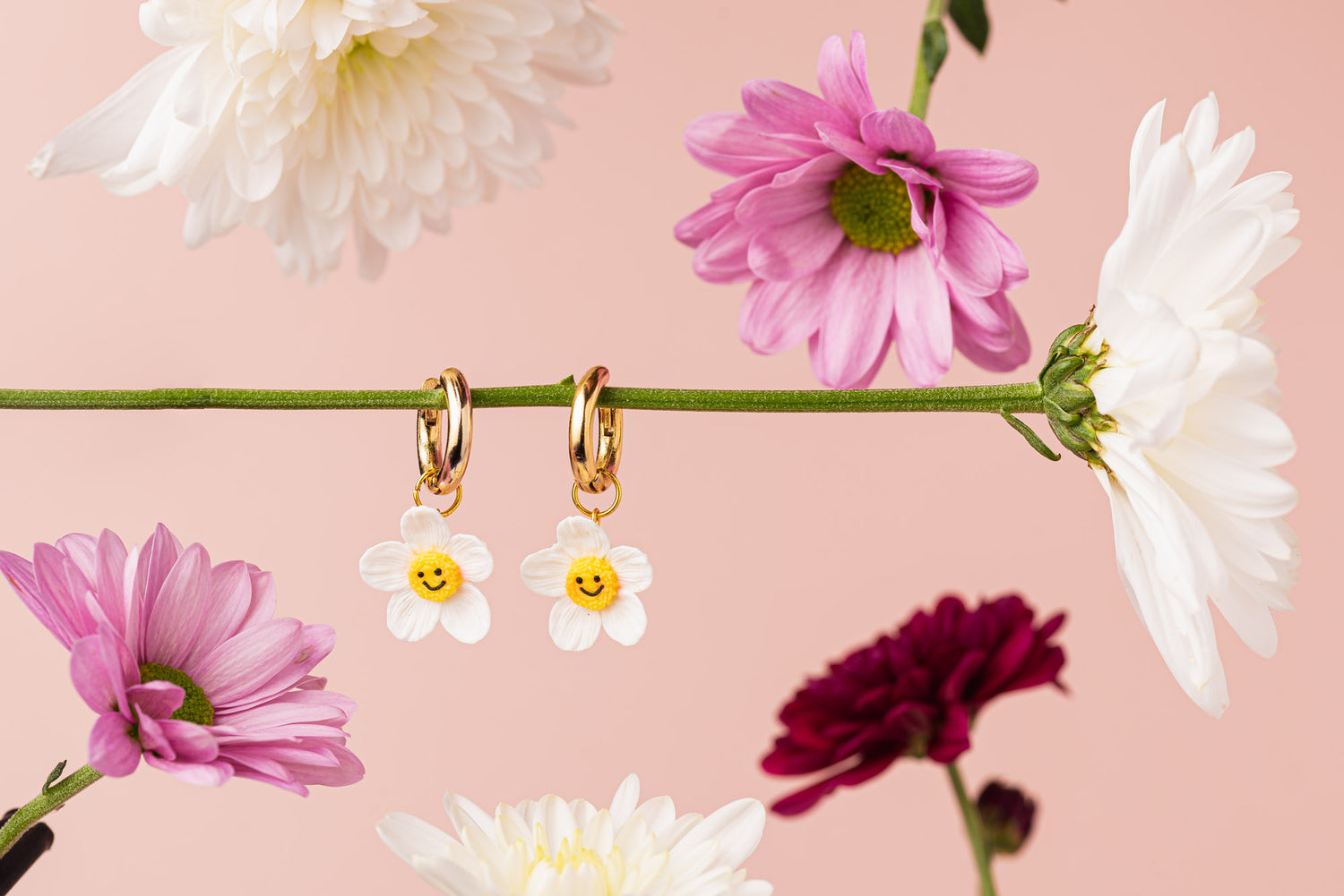 smiley daisy hoop handmade polymer clay earrings