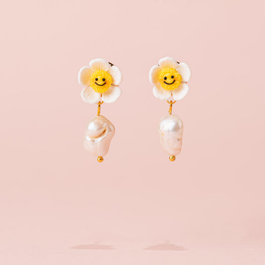 smiley flower pearl polymer clay earrings