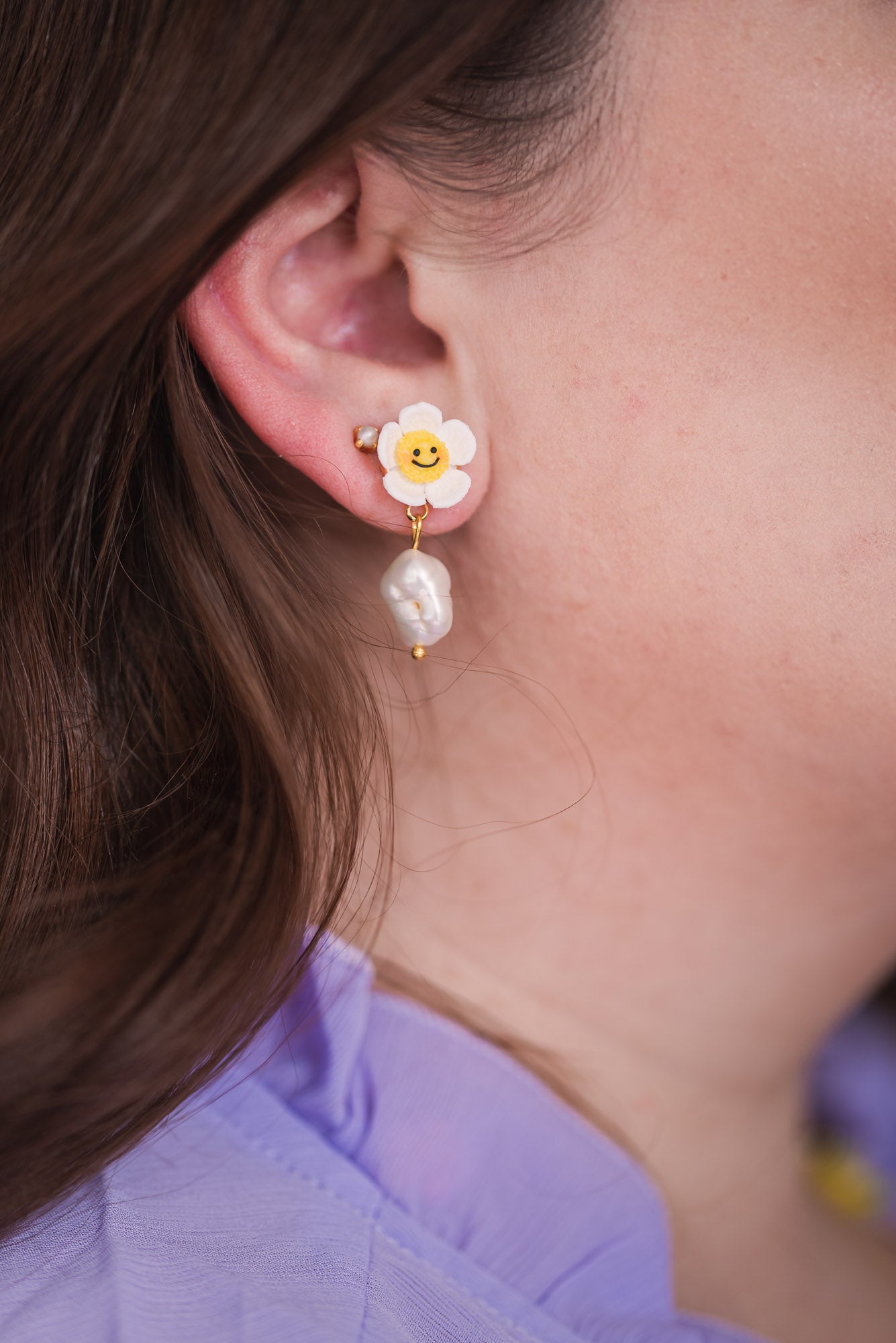 smiley flower pearl polymer clay earrings