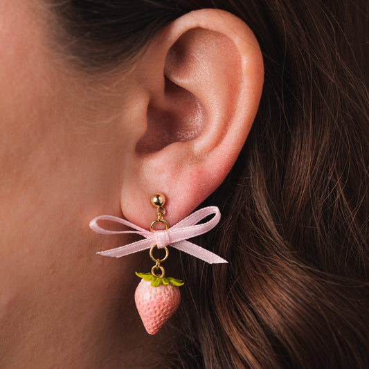 Pink Strawberry and Bow Earrings